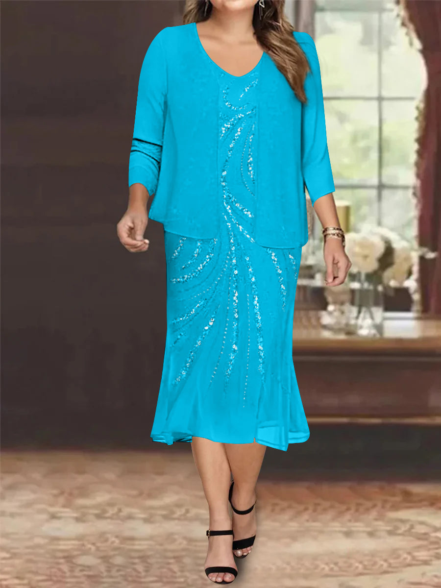 Robe de Mère de la Mariée Grande Taille en Mousseline de Soie 2 Pièces à Col en V Longueur Genou avec Veste et Paillettes