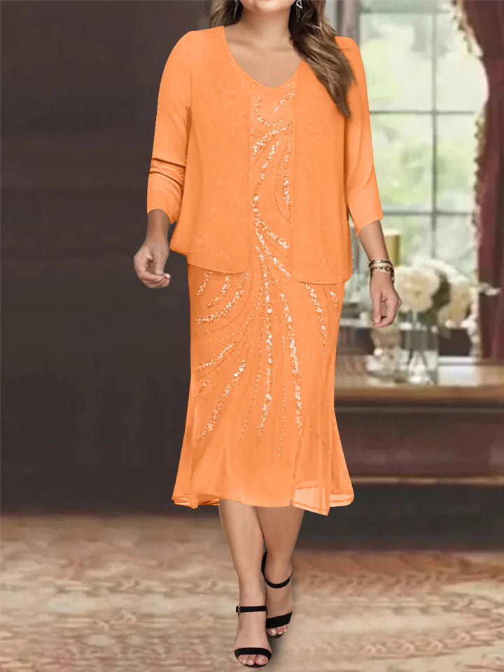 Robe de Mère de la Mariée Grande Taille en Mousseline de Soie 2 Pièces à Col en V Longueur Genou avec Veste et Paillettes