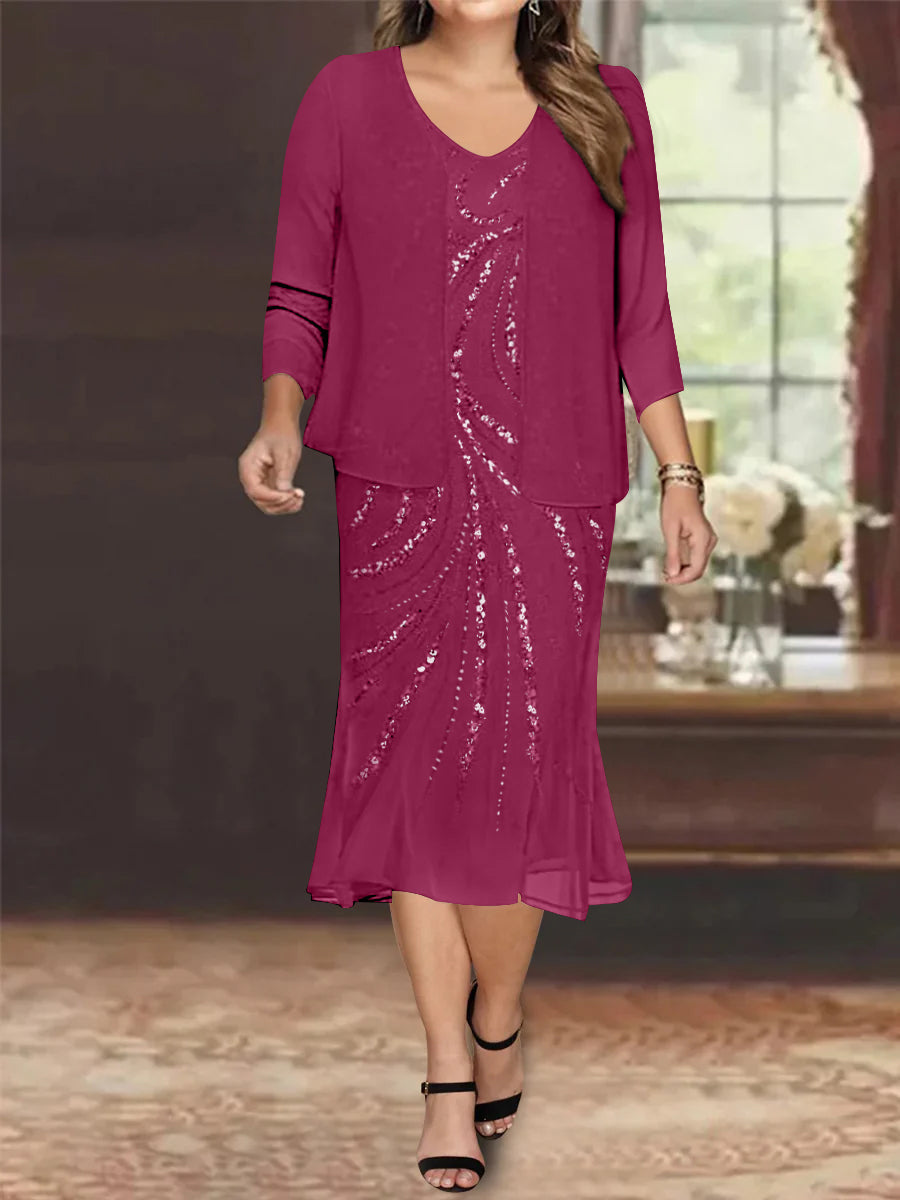Robe de Mère de la Mariée Grande Taille en Mousseline de Soie 2 Pièces à Col en V Longueur Genou avec Veste et Paillettes