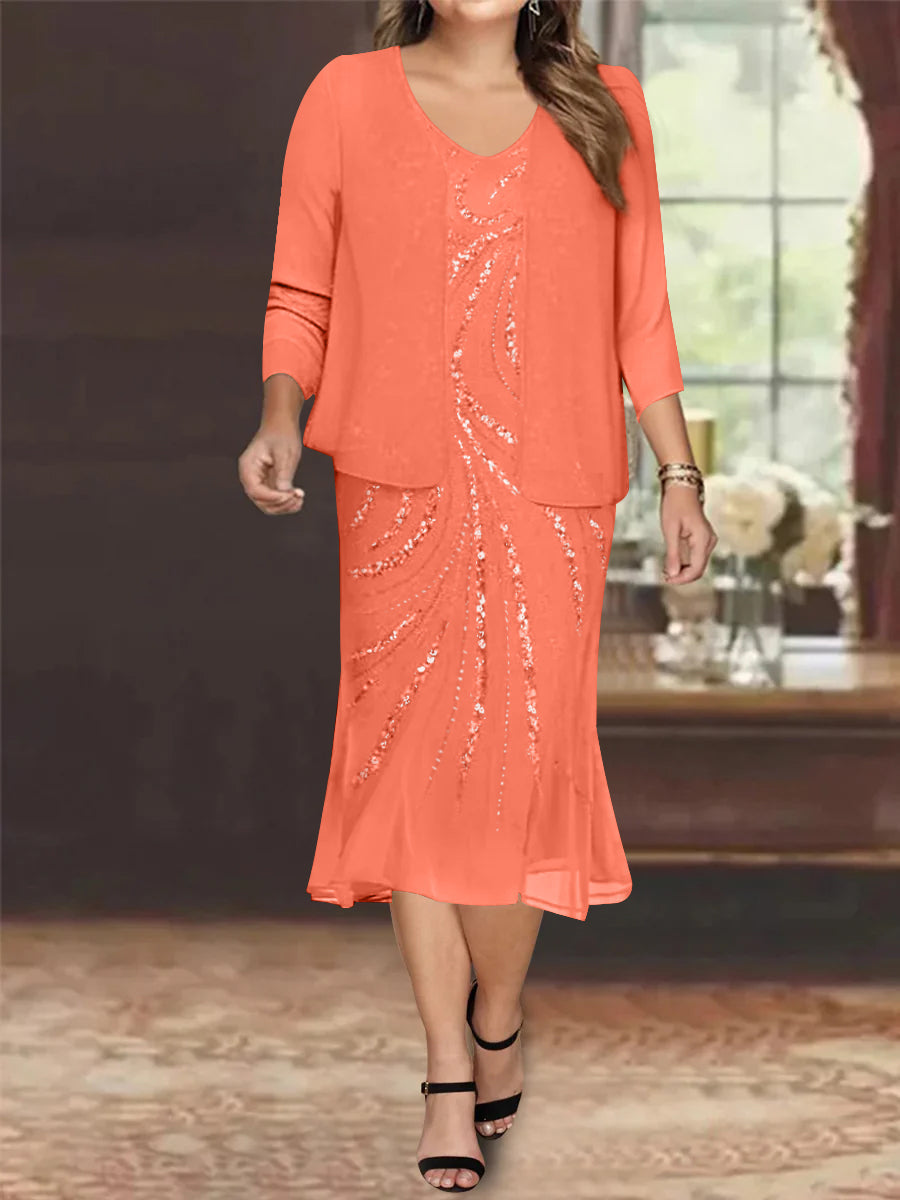 Robe de Mère de la Mariée Grande Taille en Mousseline de Soie 2 Pièces à Col en V Longueur Genou avec Veste et Paillettes