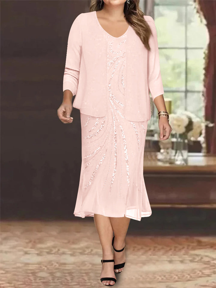Robe de Mère de la Mariée Grande Taille en Mousseline de Soie 2 Pièces à Col en V Longueur Genou avec Veste et Paillettes