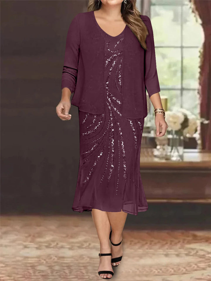 Robe de Mère de la Mariée Grande Taille en Mousseline de Soie 2 Pièces à Col en V Longueur Genou avec Veste et Paillettes