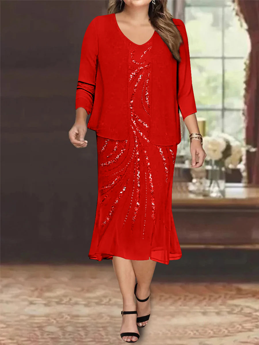 Robe de Mère de la Mariée Grande Taille en Mousseline de Soie 2 Pièces à Col en V Longueur Genou avec Veste et Paillettes