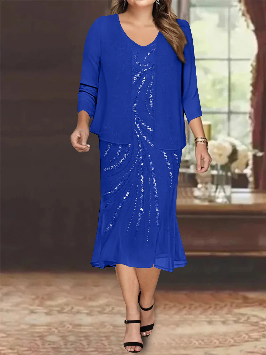 Robe de Mère de la Mariée Grande Taille en Mousseline de Soie 2 Pièces à Col en V Longueur Genou avec Veste et Paillettes