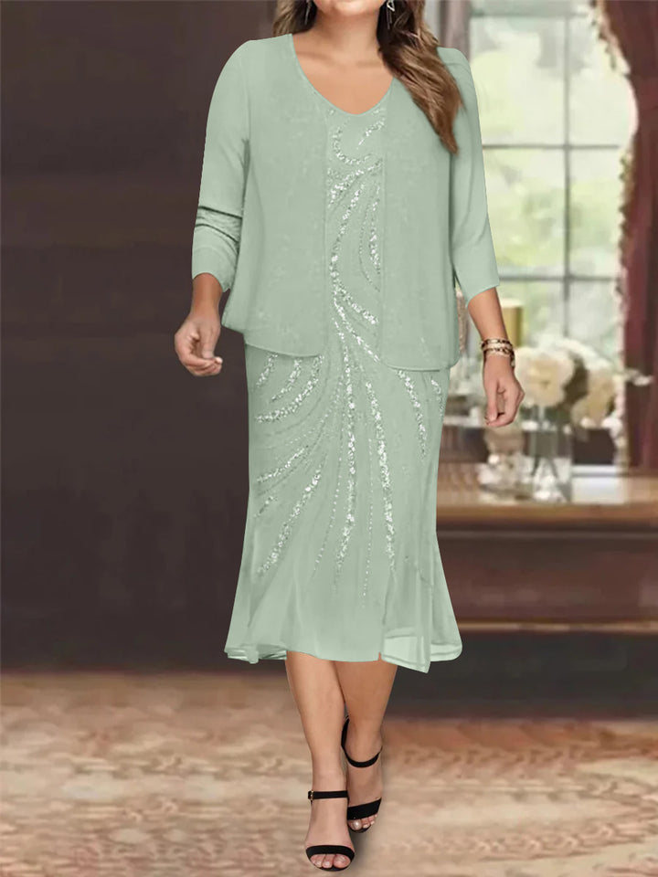 Robe de Mère de la Mariée Grande Taille en Mousseline de Soie 2 Pièces à Col en V Longueur Genou avec Veste et Paillettes