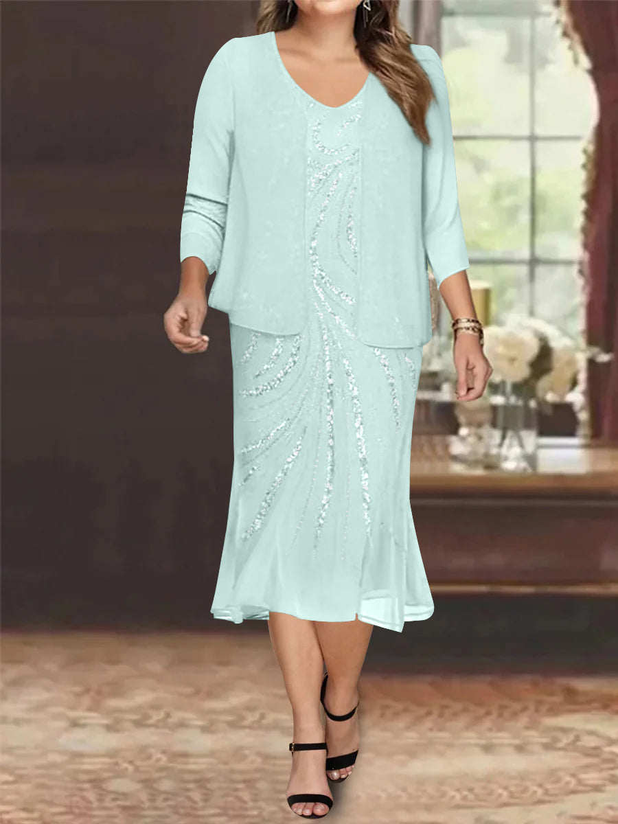 Robe de Mère de la Mariée Grande Taille en Mousseline de Soie 2 Pièces à Col en V Longueur Genou avec Veste et Paillettes