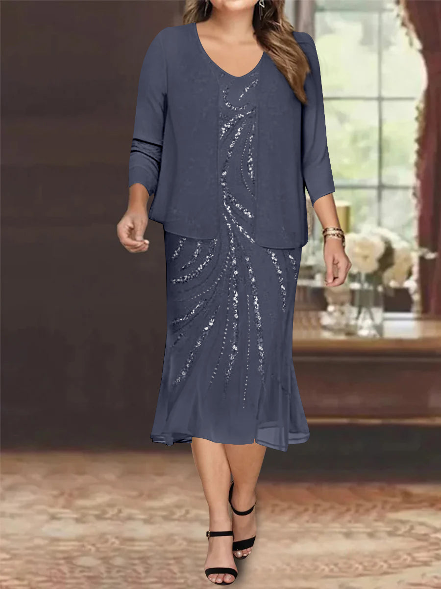 Robe de Mère de la Mariée Grande Taille en Mousseline de Soie 2 Pièces à Col en V Longueur Genou avec Veste et Paillettes