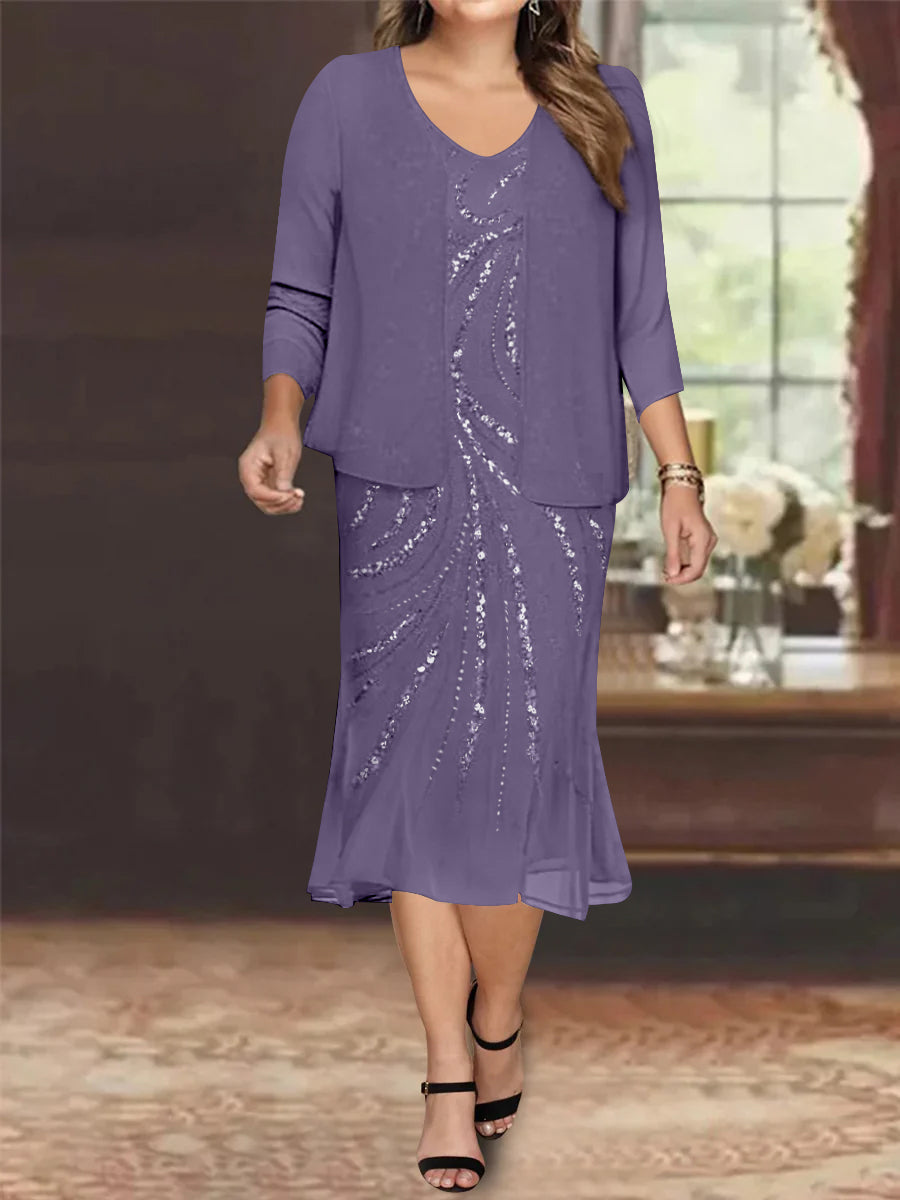 Robe de Mère de la Mariée Grande Taille en Mousseline de Soie 2 Pièces à Col en V Longueur Genou avec Veste et Paillettes