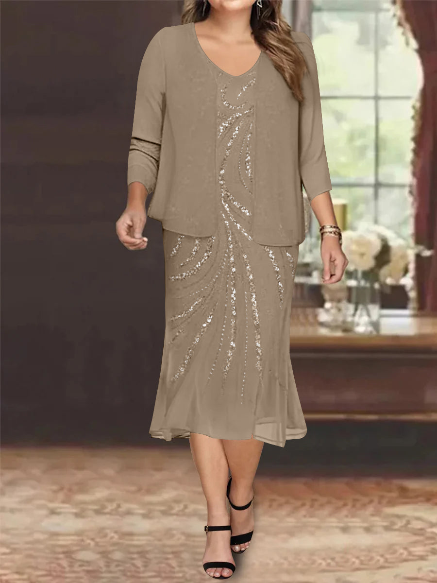 Robe de Mère de la Mariée Grande Taille en Mousseline de Soie 2 Pièces à Col en V Longueur Genou avec Veste et Paillettes