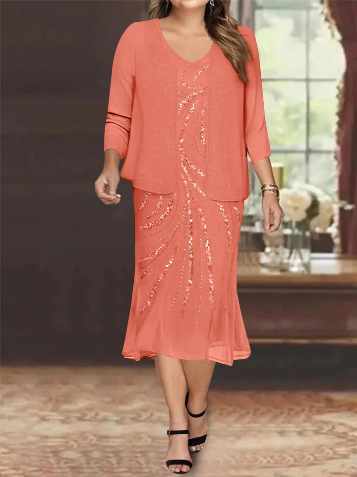 Robe de Mère de la Mariée Grande Taille en Mousseline de Soie 2 Pièces à Col en V Longueur Genou avec Veste et Paillettes