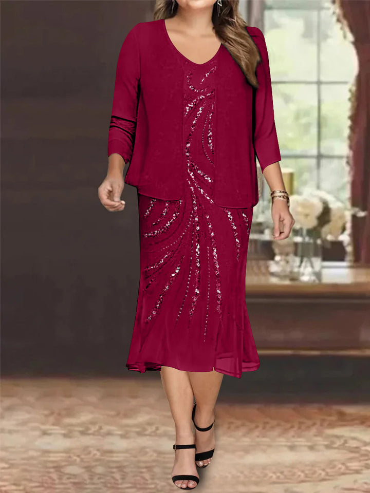 Robe de Mère de la Mariée Grande Taille en Mousseline de Soie 2 Pièces à Col en V Longueur Genou avec Veste et Paillettes