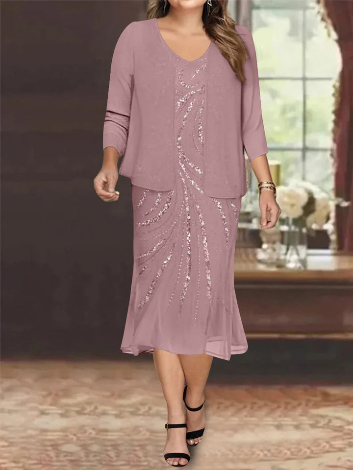 Robe de Mère de la Mariée Grande Taille en Mousseline de Soie 2 Pièces à Col en V Longueur Genou avec Veste et Paillettes