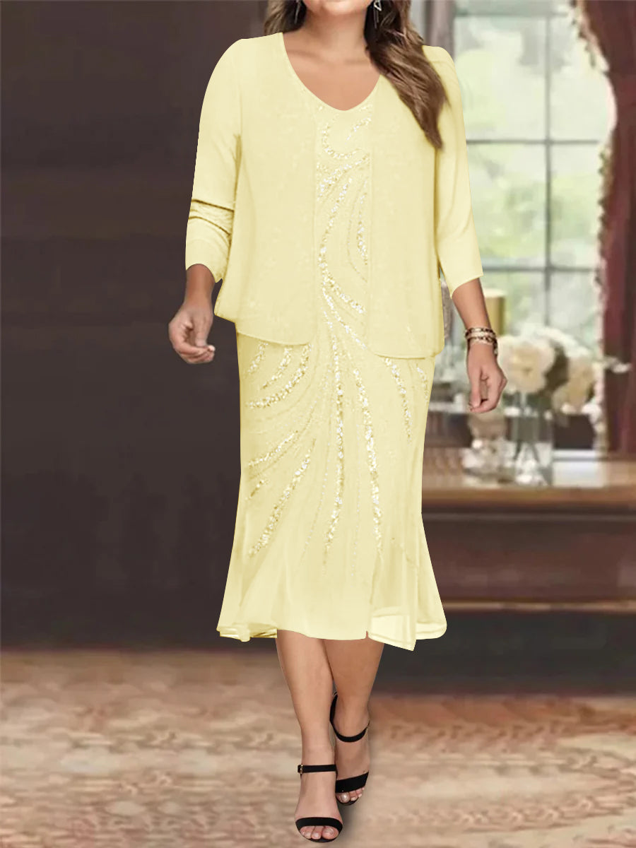 Robe de Mère de la Mariée Grande Taille en Mousseline de Soie 2 Pièces à Col en V Longueur Genou avec Veste et Paillettes