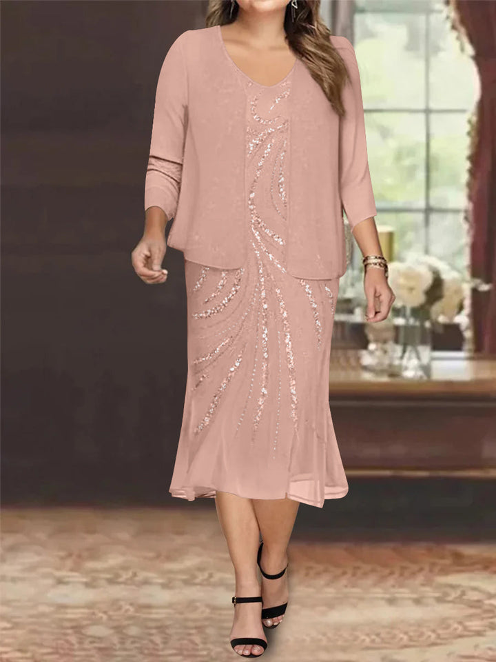 Robe de Mère de la Mariée Grande Taille en Mousseline de Soie 2 Pièces à Col en V Longueur Genou avec Veste et Paillettes