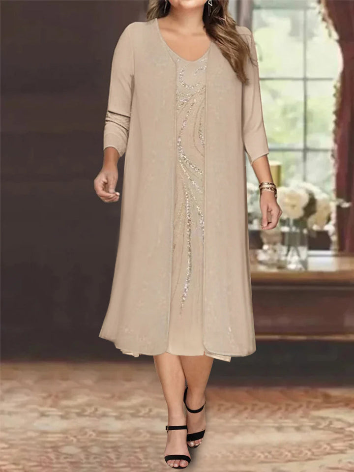 Robe de Mère de la Mariée Grande Taille à Manches Longues et Col en V avec Veste et Paillettes