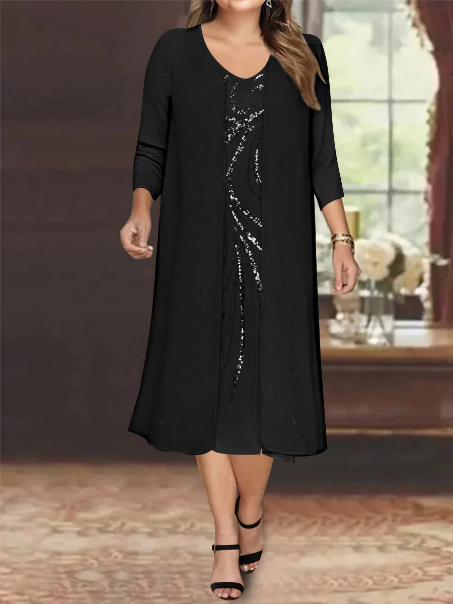 Robe de Mère de la Mariée Grande Taille à Manches Longues et Col en V avec Veste et Paillettes