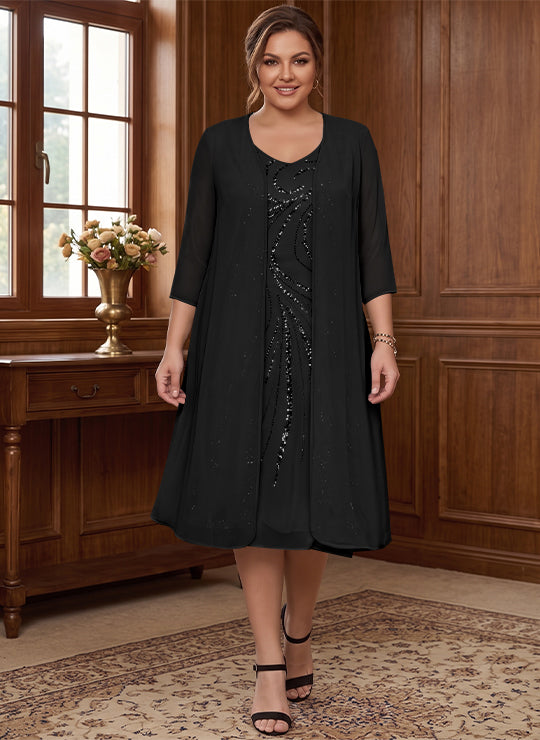 Robe de Mère de la Mariée Grande Taille à Manches Longues et Col en V avec Veste et Paillettes