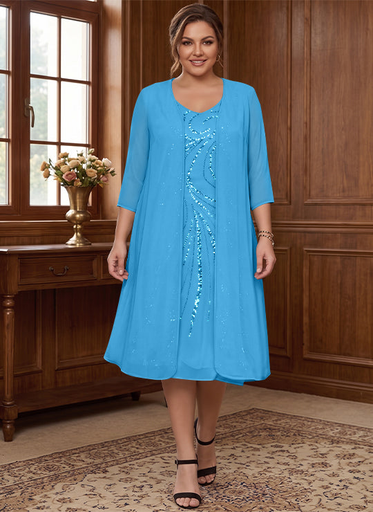Robe de Mère de la Mariée Grande Taille à Manches Longues et Col en V avec Veste et Paillettes