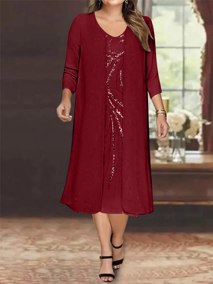 Robe de Mère de la Mariée Grande Taille à Manches Longues et Col en V avec Veste et Paillettes