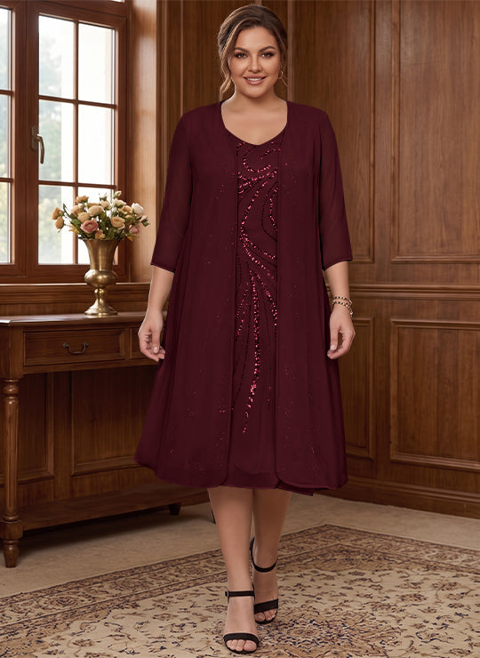 Robe de Mère de la Mariée Grande Taille à Manches Longues et Col en V avec Veste et Paillettes