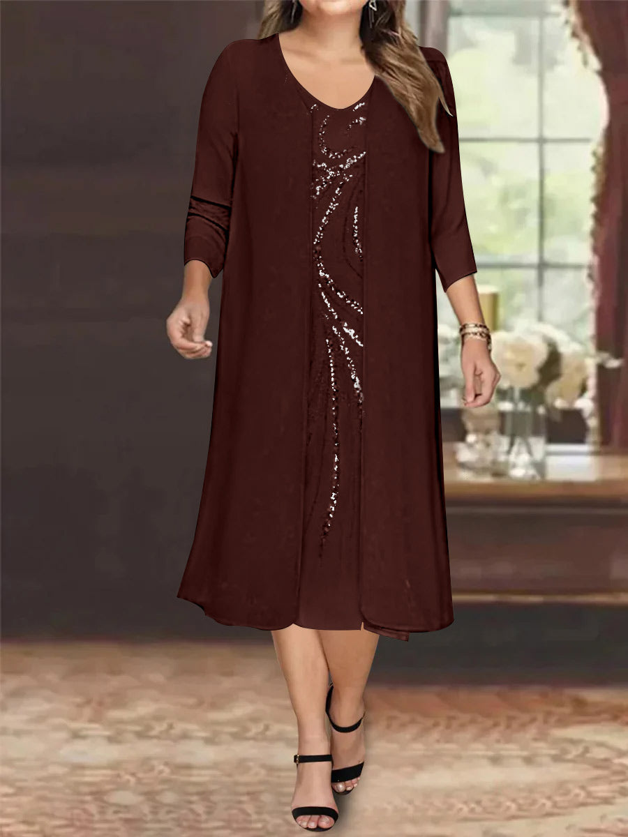 Robe de Mère de la Mariée Grande Taille à Manches Longues et Col en V avec Veste et Paillettes