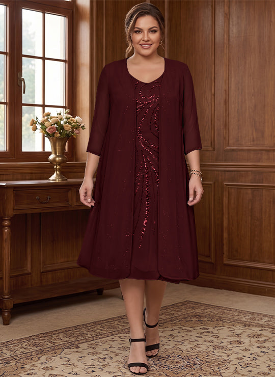 Robe de Mère de la Mariée Grande Taille à Manches Longues et Col en V avec Veste et Paillettes