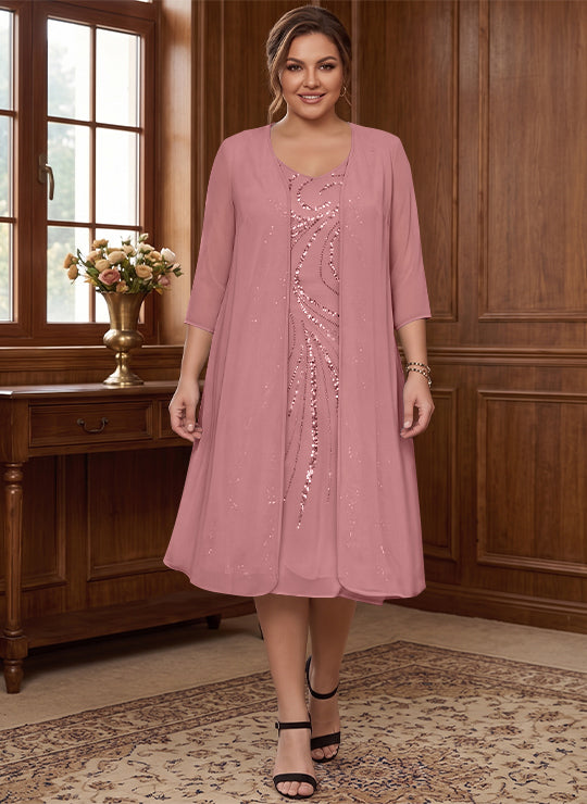 Robe de Mère de la Mariée Grande Taille à Manches Longues et Col en V avec Veste et Paillettes