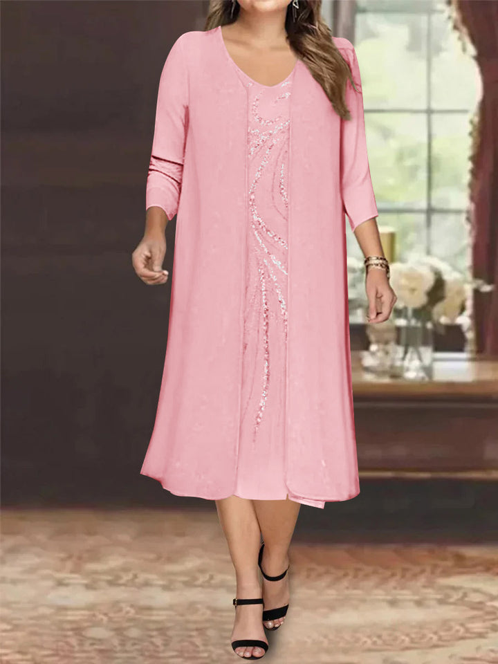Robe de Mère de la Mariée Grande Taille à Manches Longues et Col en V avec Veste et Paillettes