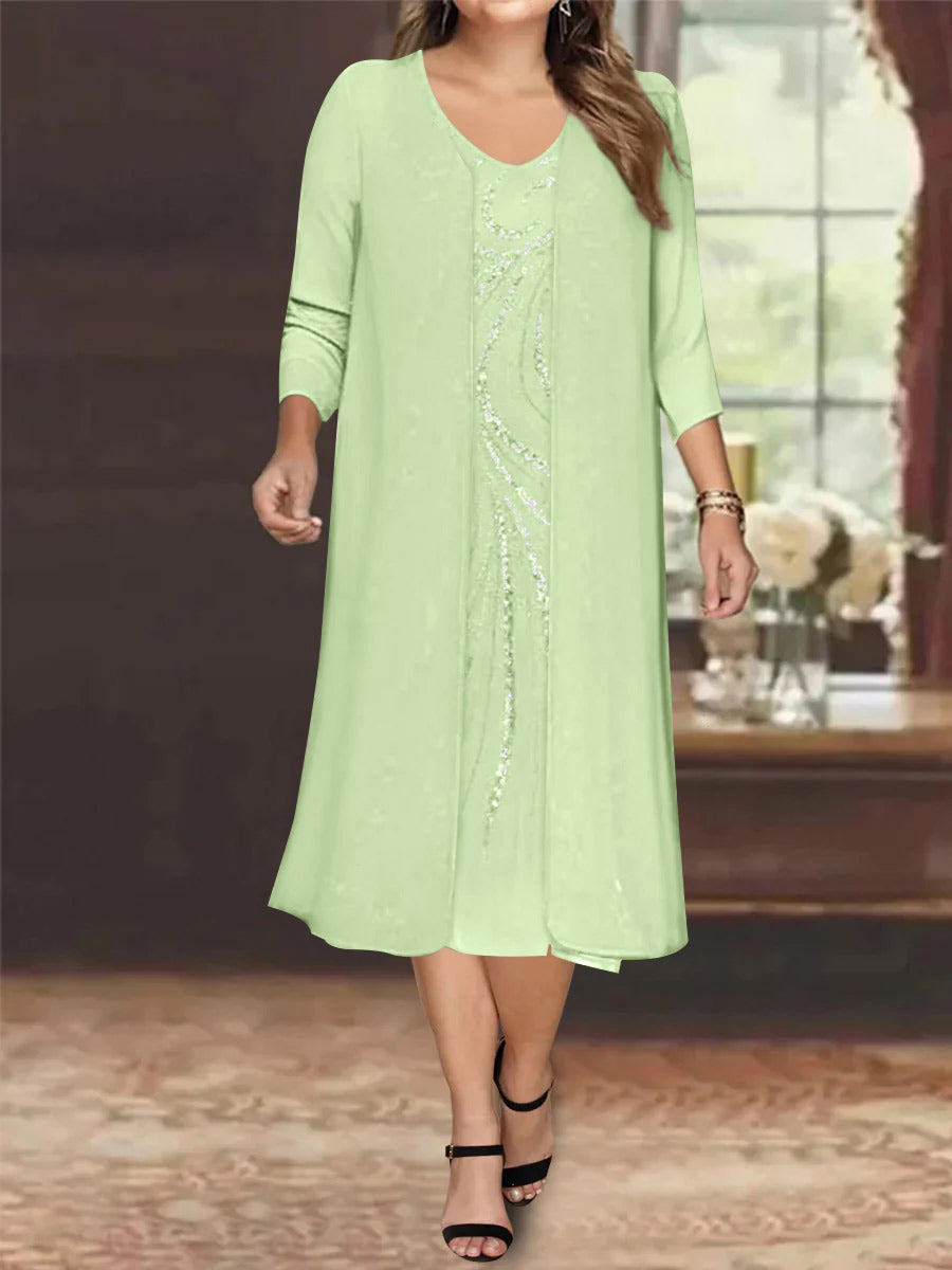 Robe de Mère de la Mariée Grande Taille à Manches Longues et Col en V avec Veste et Paillettes