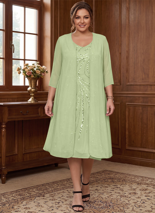 Robe de Mère de la Mariée Grande Taille à Manches Longues et Col en V avec Veste et Paillettes