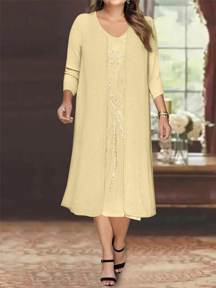 Robe de Mère de la Mariée Grande Taille à Manches Longues et Col en V avec Veste et Paillettes