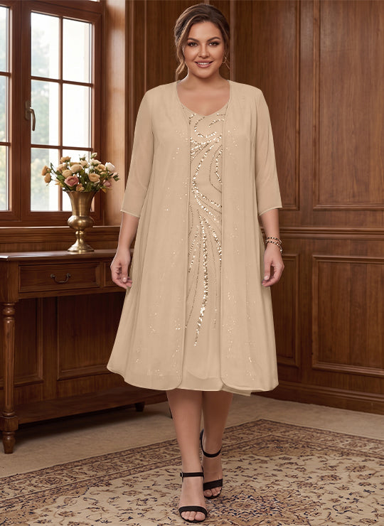 Robe de Mère de la Mariée Grande Taille à Manches Longues et Col en V avec Veste et Paillettes