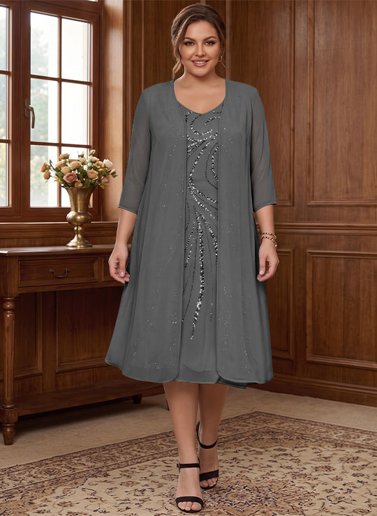Robe de Mère de la Mariée Grande Taille à Manches Longues et Col en V avec Veste et Paillettes