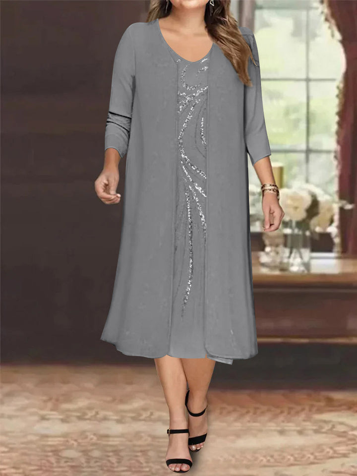 Robe de Mère de la Mariée Grande Taille à Manches Longues et Col en V avec Veste et Paillettes