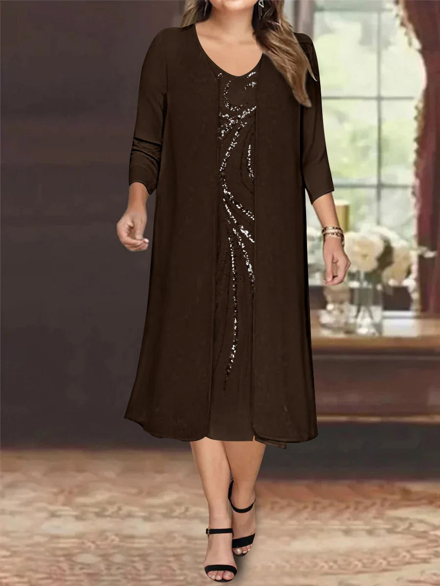 Robe de Mère de la Mariée Grande Taille à Manches Longues et Col en V avec Veste et Paillettes