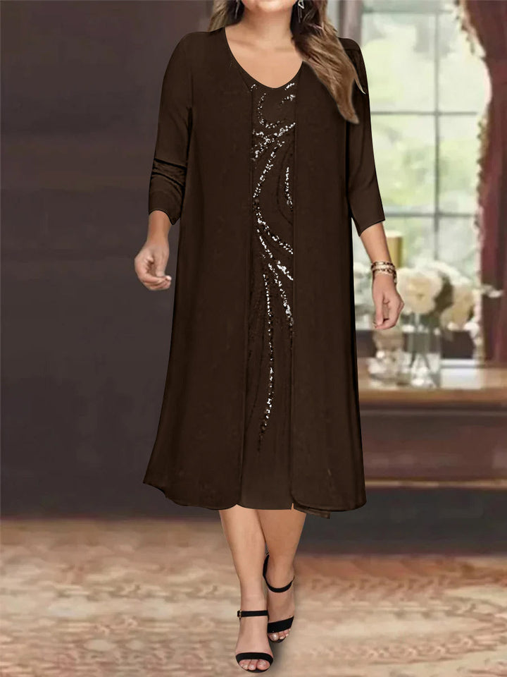 Robe de Mère de la Mariée Grande Taille à Manches Longues et Col en V avec Veste et Paillettes