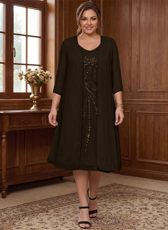 Robe de Mère de la Mariée Grande Taille à Manches Longues et Col en V avec Veste et Paillettes