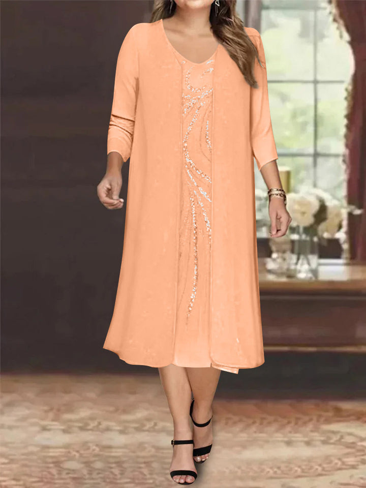 Robe de Mère de la Mariée Grande Taille à Manches Longues et Col en V avec Veste et Paillettes