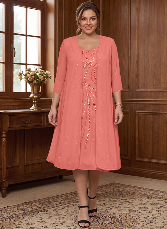Robe de Mère de la Mariée Grande Taille à Manches Longues et Col en V avec Veste et Paillettes