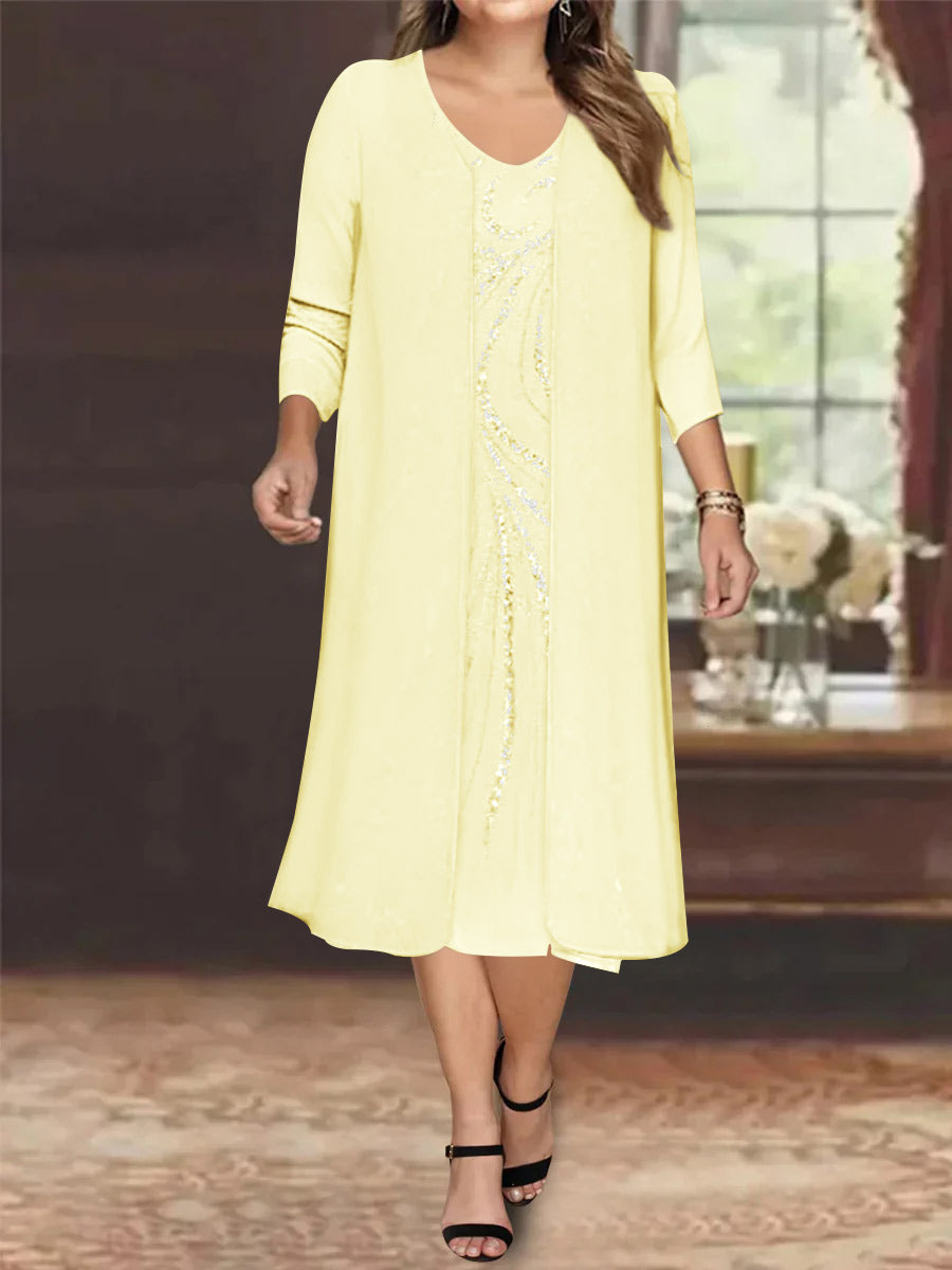 Robe de Mère de la Mariée Grande Taille à Manches Longues et Col en V avec Veste et Paillettes