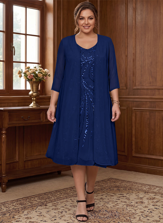 Robe de Mère de la Mariée Grande Taille à Manches Longues et Col en V avec Veste et Paillettes