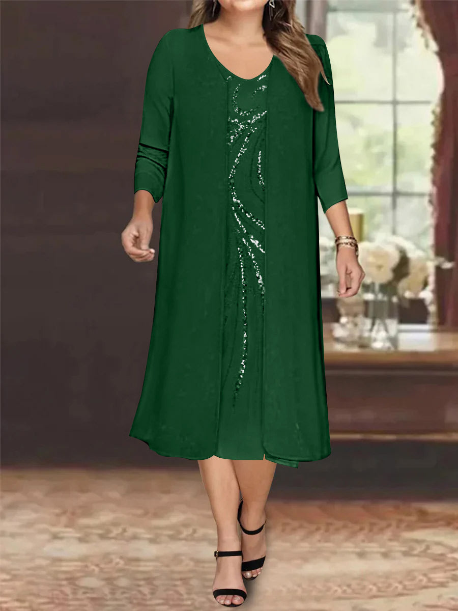 Robe de Mère de la Mariée Grande Taille à Manches Longues et Col en V avec Veste et Paillettes