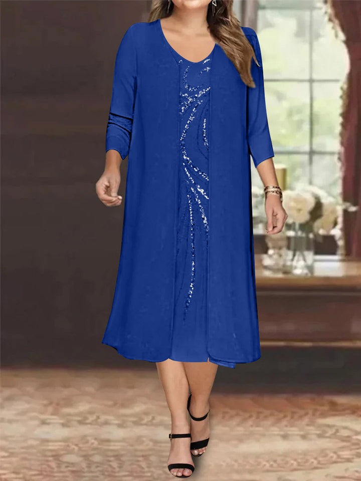 Robe de Mère de la Mariée Grande Taille à Manches Longues et Col en V avec Veste et Paillettes