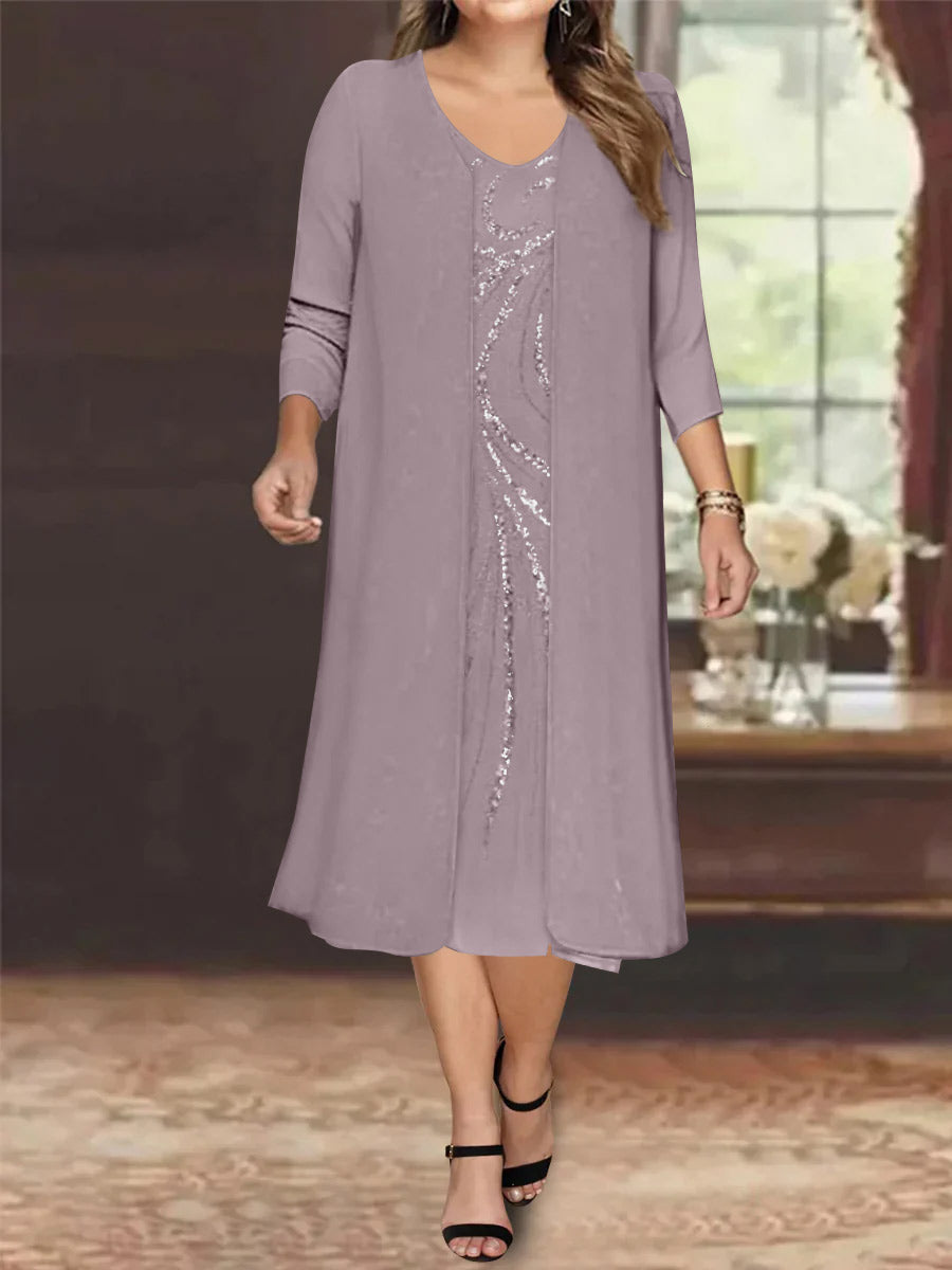 Robe de Mère de la Mariée Grande Taille à Manches Longues et Col en V avec Veste et Paillettes