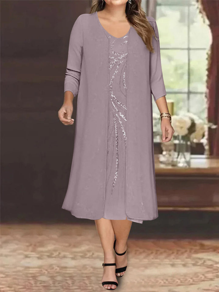 Robe de Mère de la Mariée Grande Taille à Manches Longues et Col en V avec Veste et Paillettes