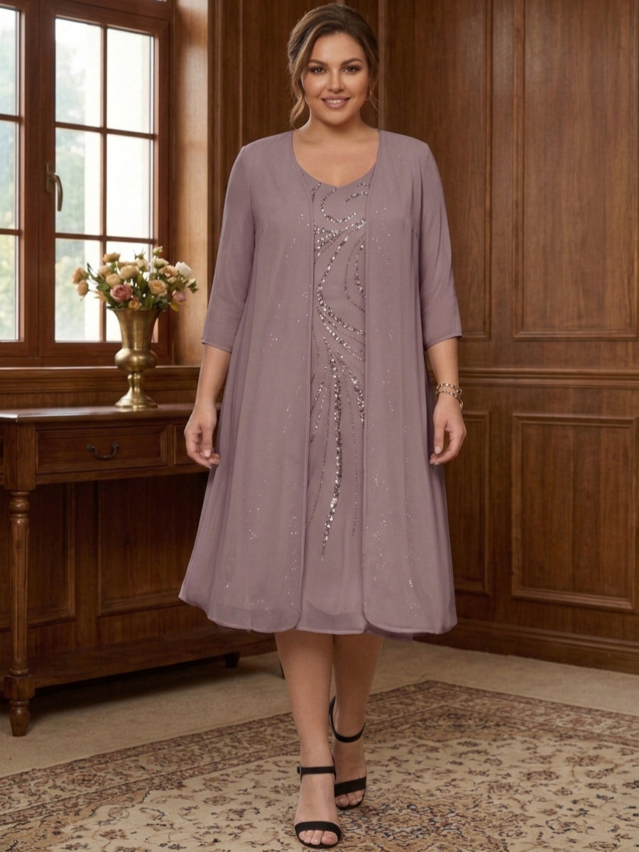 Robe de Mère de la Mariée Grande Taille à Manches Longues et Col en V avec Veste et Paillettes