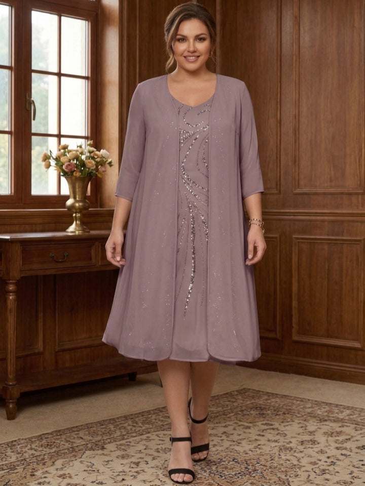 Robe de Mère de la Mariée Grande Taille à Manches Longues et Col en V avec Veste et Paillettes