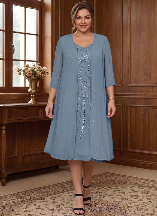 Robe de Mère de la Mariée Grande Taille à Manches Longues et Col en V avec Veste et Paillettes