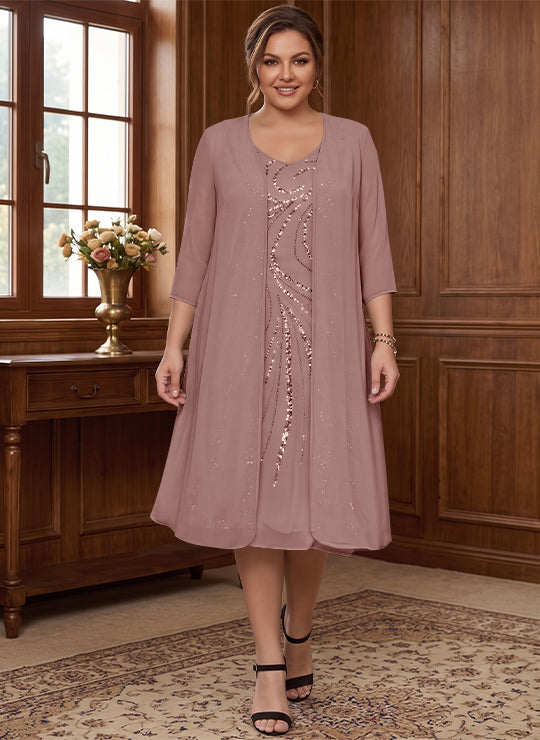 Robe de Mère de la Mariée Grande Taille à Manches Longues et Col en V avec Veste et Paillettes