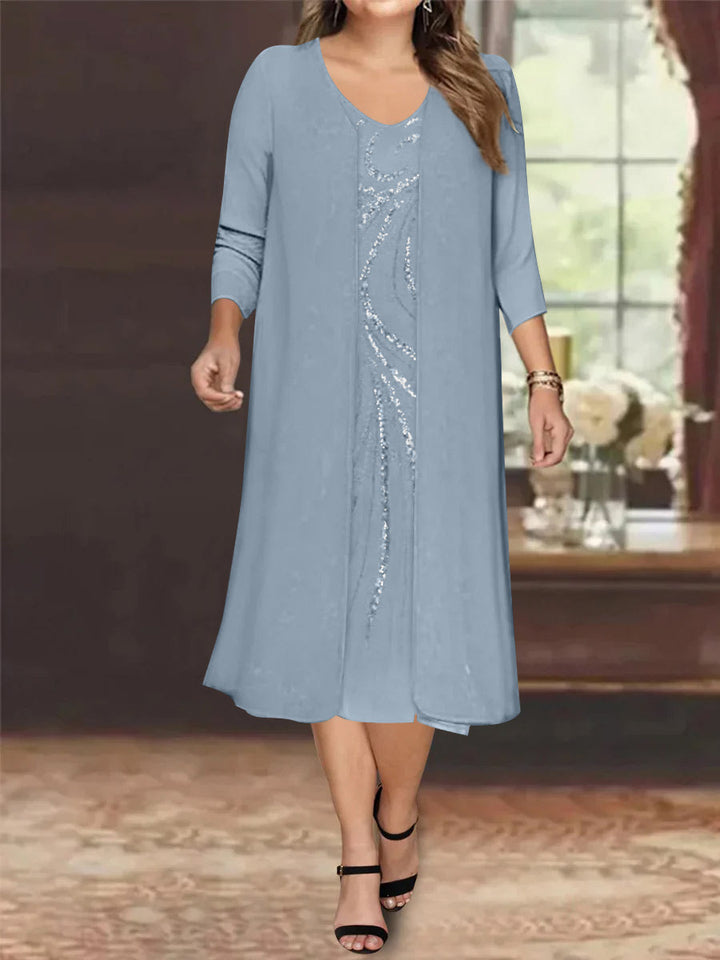 Robe de Mère de la Mariée Grande Taille à Manches Longues et Col en V avec Veste et Paillettes